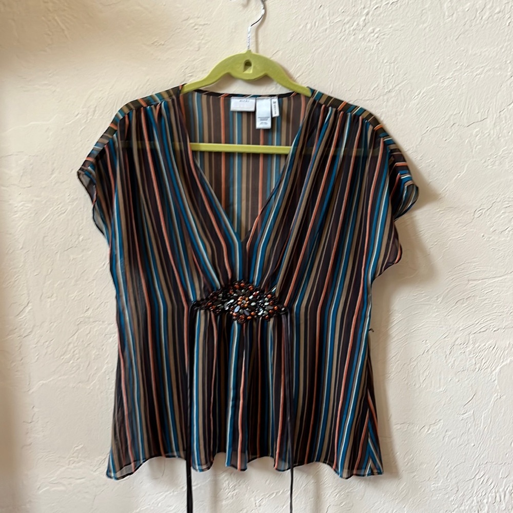 Nikki striped hundred percent polyester over blouse with embellishments
